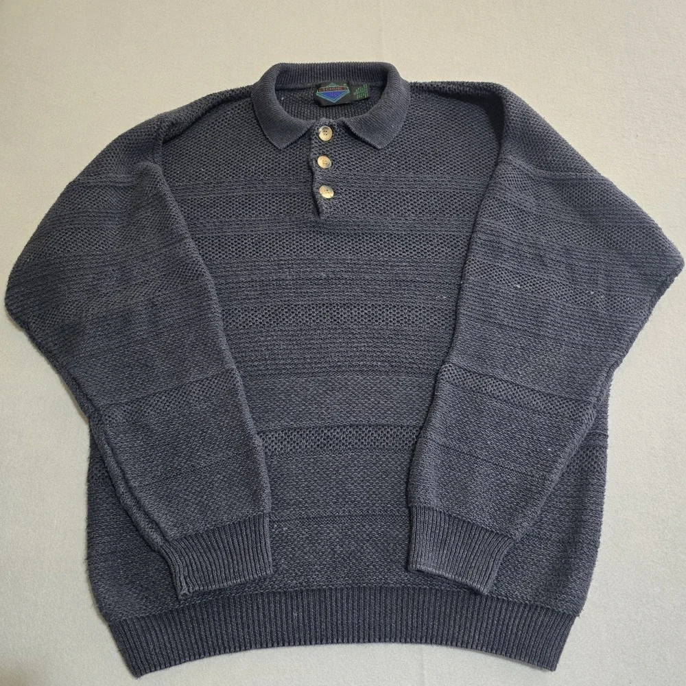 Etchings Sweater Mens XL Grey Polo Collar Textured Knit Ramie Cotton Long Sleeve